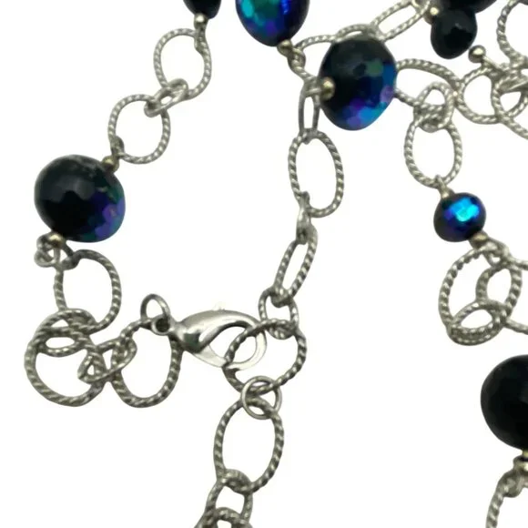Glass AB Faceted Black Bead Necklace Earring Set Silver Tone 36" Chain 2" Dangle - Picture 4 of 8